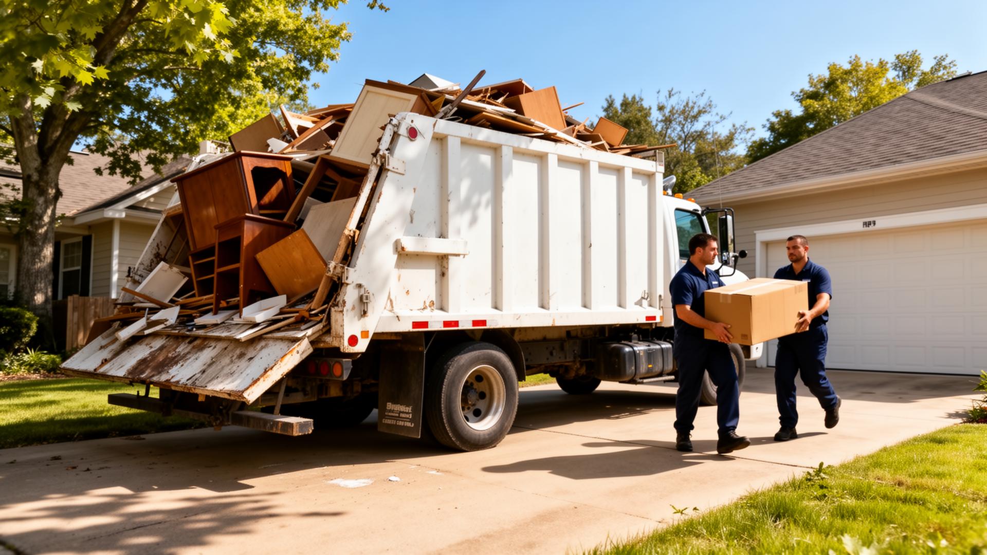 Junk Wizard removal truck loaded with furniture being filled by two uniformed crew members